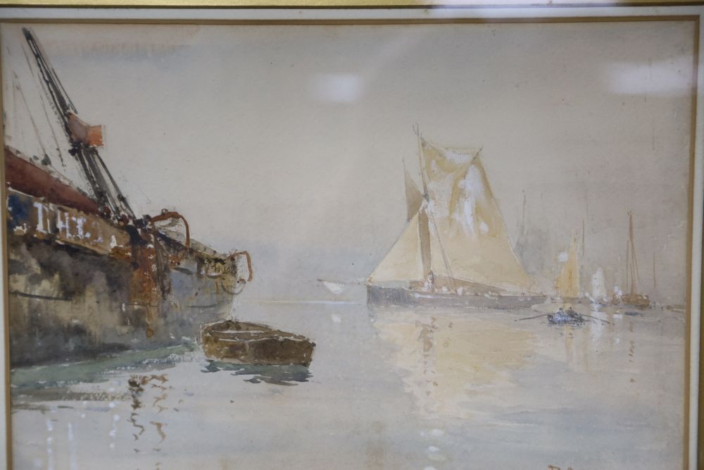 David Gould Green RI (1854-1918), watercolour, Shipping in harbour, signed, 24 x 34cm